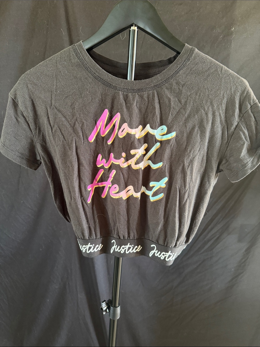 Justice Black Cropped Tee with Multicolor 'Move with Heart' Script